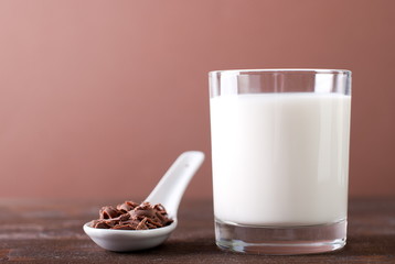 glass of milk on a chocolate background
