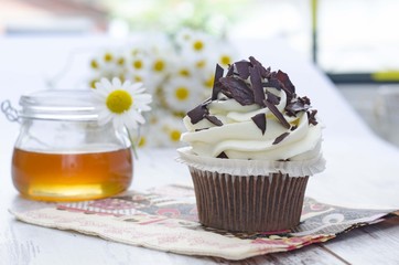 Muffin. Cupcake with chocolate and honey and daisy flower.