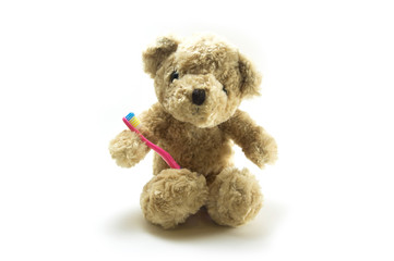 Teddy bear with a toothbrush on white background