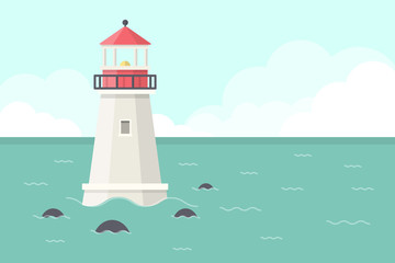 Sea Background with Lighthouse. Flat design Style. 