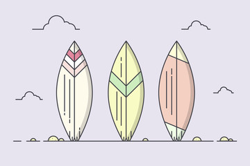 Line Art Vector Illustration of Surfboard on a Beach. Flat design Style. 