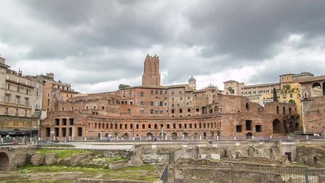 A panoramic view on Trajan's Market timelapse hyperlapse on the Via dei Fori Imperiali, in Rome, Italy