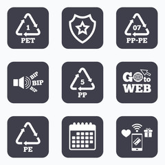 PET, PP-pe and PP. Polyethylene terephthalate