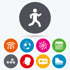 Football ball, Roller skates, Running icons.
