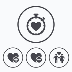 Valentine day icons. Love heart timer sign.