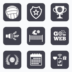 Volleyball and net icons. Winner award cup.