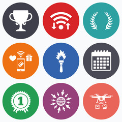 First place award cup icons. Prize for winner.