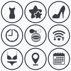 Women dress icon. Sexy shoe sign. Perfume.
