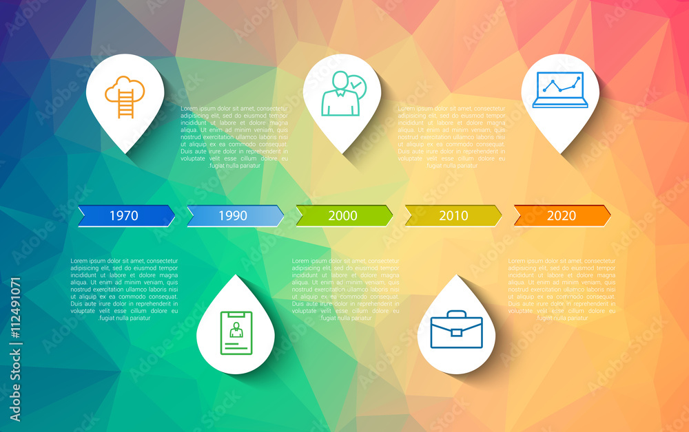 Poster infographic timeline design concept - template with points and outline icons. idea to display inform