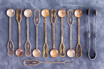 Set of very old Ottoman teaspoons and tongs