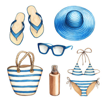 Watercolor illustrations of beach accessories