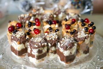 Sweet Dessert. Chocolate, nuts and berry pudding in small plasti