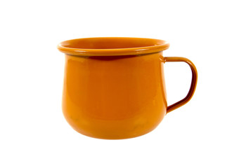 Orange vintage metal mug isolated on white background