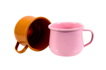 Two of vintage metal mug isolated on white background