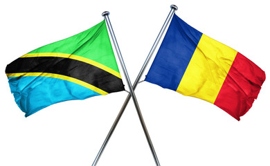 Tanzanian flag with Romania flag, 3D rendering
