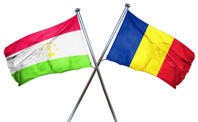 Tajikistan flag with Romania flag, 3D rendering