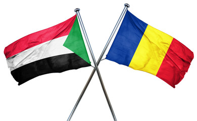 Sudan flag with Romania flag, 3D rendering