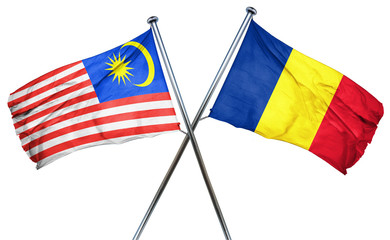 Malaysia flag with Romania flag, 3D rendering