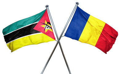 Mozambique flag with Romania flag, 3D rendering