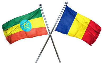 Ethiopia flag with Romania flag, 3D rendering