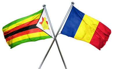 Zimbabwe flag with Romania flag, 3D rendering