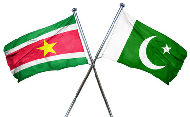 Suriname flag with Pakistan flag, 3D rendering