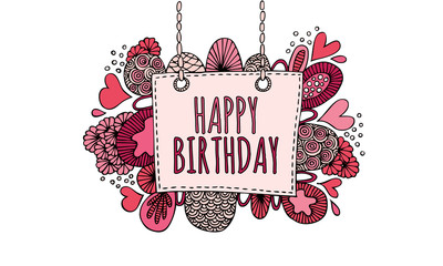 Happy Birthday Hand Drawn Doodle Vector Pink