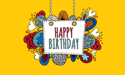 Happy Birthday Hand Drawn Doodle Vector Yellow Background