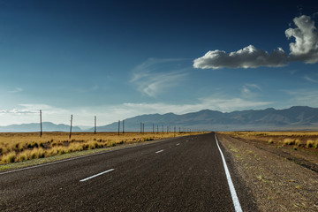 Straight road goes to horizon on background of mountains. Altay mountains, Siberia, Russia.
