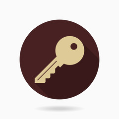 Fine golden key icon in the brown circle. Flat design and long shadow