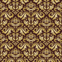 Damask seamless ornament. Traditional brown and golden pattern. Classic oriental background