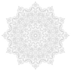 Damask floral pattern with traditional elements. Abstract oriental light silver round ornament