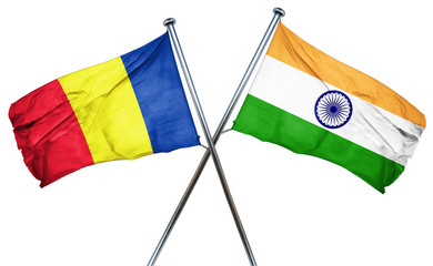 Romania flag with India flag, 3D rendering