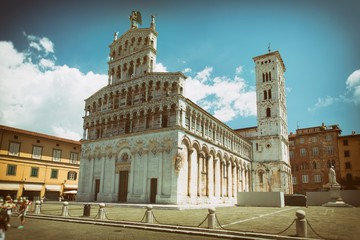 View of medieval cathedral San Michele. Lucca,Tuscany, Italy. - obrazy, fototapety, plakaty