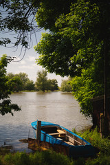 a blue boat moored to the banks of the river