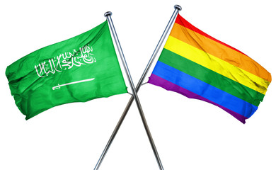 Saudi Arabia flag with rainbow flag, 3D rendering