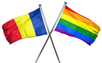 Romania flag with rainbow flag, 3D rendering