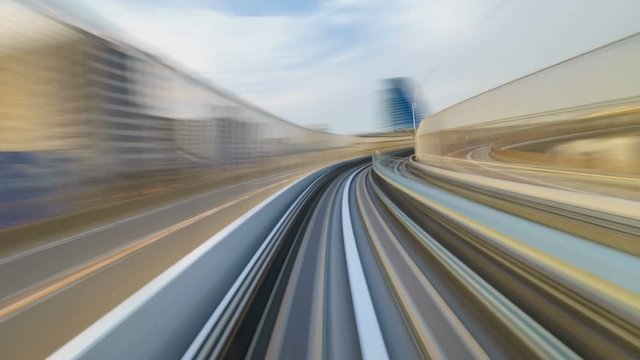 4K Timelapse of moving train at sunset, Tokyo, Japan