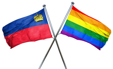 Liechtenstein flag with rainbow flag, 3D rendering