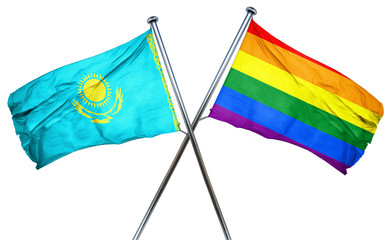 Kazakhstan flag with rainbow flag, 3D rendering
