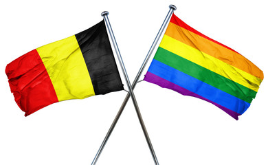 Belgium flag with rainbow flag, 3D rendering