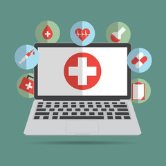 Computer laptop with medical sign icon concept of telemedicine and telehealth technology. Vector illustration cloud internet of things technology trend.