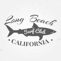 Surf club concept Vector Summer surfing retro badge. Surfer club emblem , outdoors banner, vintage background. Shark surf club icon design.