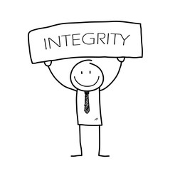 Integrity, a hand drawn vector illustration of a stick figure businessman holding a board with "INTEGRITY" written on it.