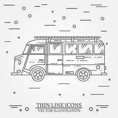 Traveler truck camper thin line. Camping RV trailer family caravan outline icon. 