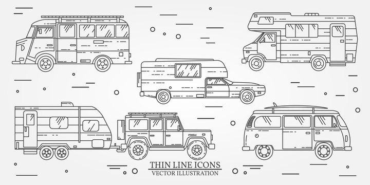Set of Tourist bus, SUV, trailer, jeep, RV camper trailer, Traveler truck.  Summer trip family travel concept.  Thin line icon. Vector illustration.