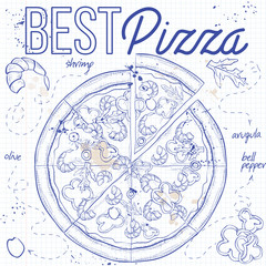 Pizza with shrimp on a notebook page