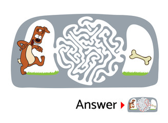 Maze puzzle for kids with dog and bone. Labyrinth illustration, solution included.