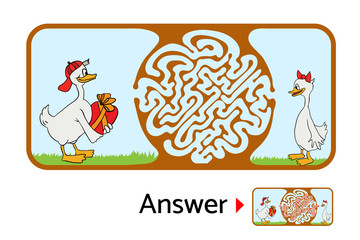 Maze puzzle for kids, labyrinth illustration with solution.