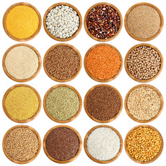 Wooden bowl with porridge, cereals, lentils, peas and beans.